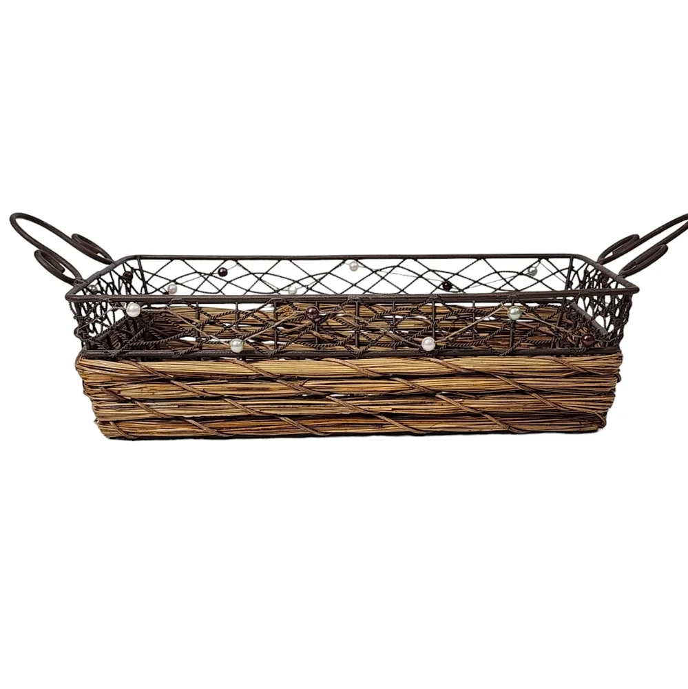 Rustic Rectangular‎ Woven Wicker Basket With Wire Handles and Frame